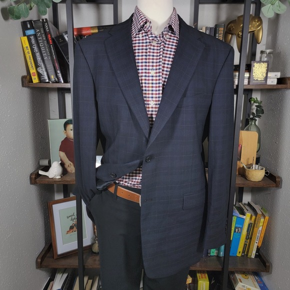 Tommy Hilfiger Men's Sport‎ Coat Blazer Two Button Black Plaid Worsted Wool 44R